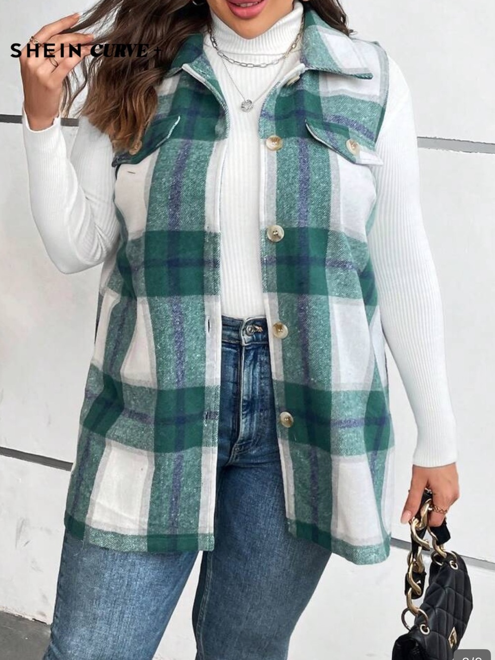 SHEIN Green and White Plaid Sleeveless Button Vest